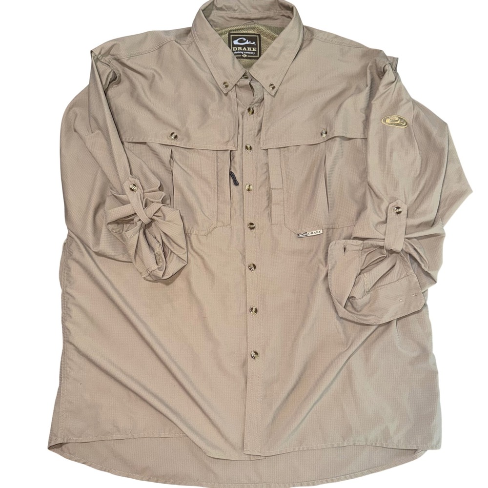 Drake Waterfowl Fishing Shirt Mens XL Tan Long Sleeve Ripstop Ventilated Pockets